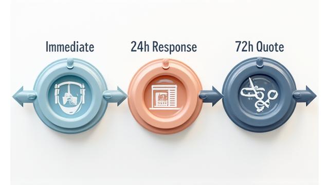 Diagramme illustrant les engagements de délai de réponse de VigórMedics, avec des indicateurs de temps et des symboles de qualité.