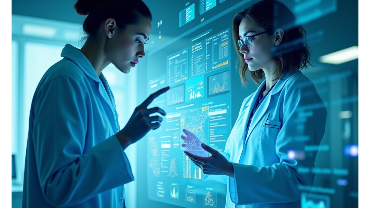 Chercheurs analysant des données d'essais cliniques sur des écrans, reflétant un environnement de laboratoire moderne avec des infographies animées et des certifications visibles, symbolisant la précision et la conformité.